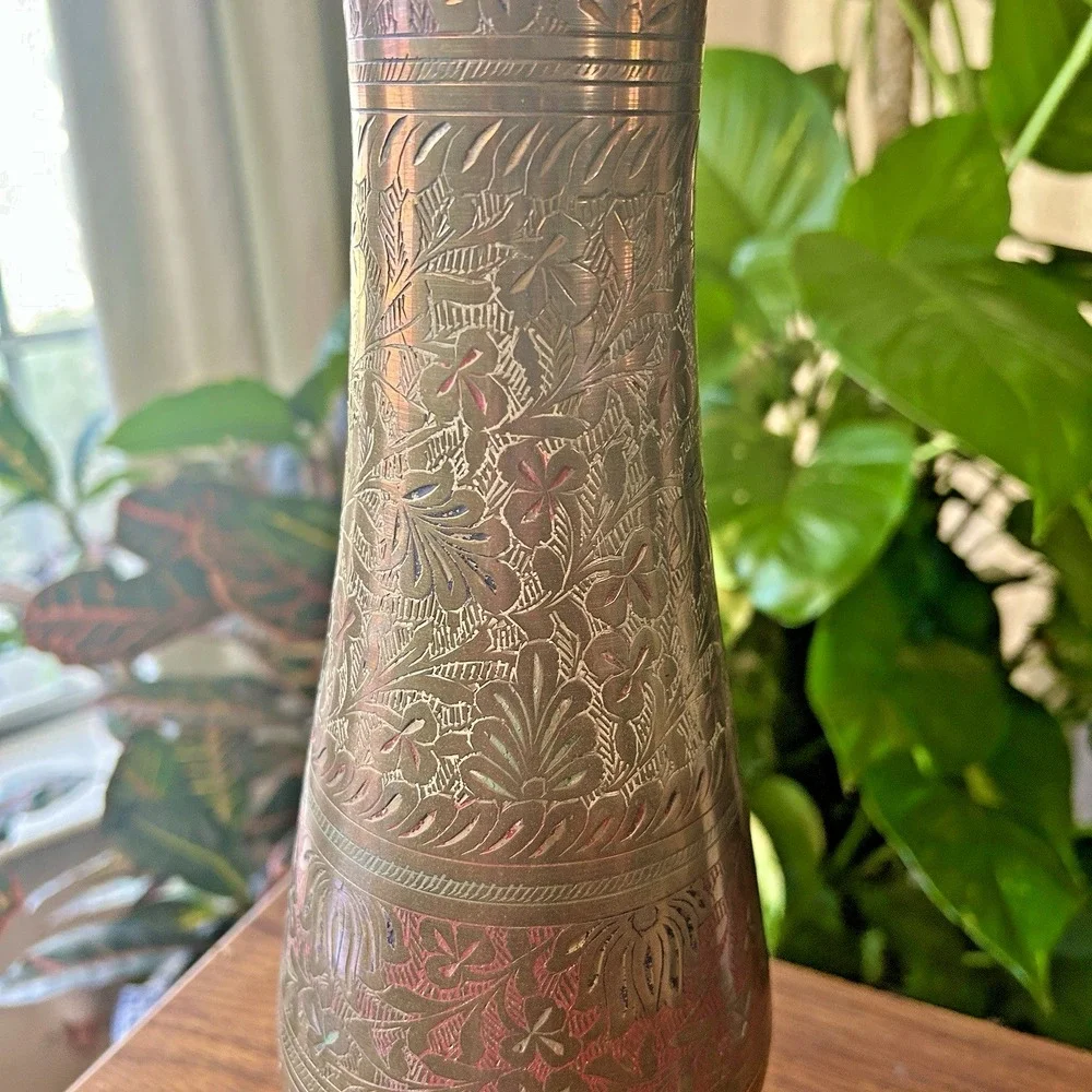 VTG Etched 14 inch Indian Brass Vase Colored Inlay Botanical Pattern Boho MCM